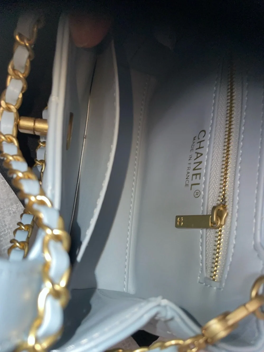 CHANEL Light Blue Quilted Mini Top-Handle Crossbody Bag with Gold Chain - Picture 6 of 9